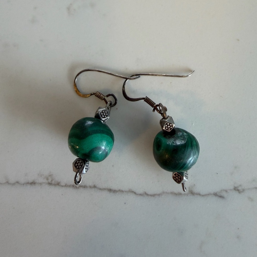 Silver and green beaded drop earrings